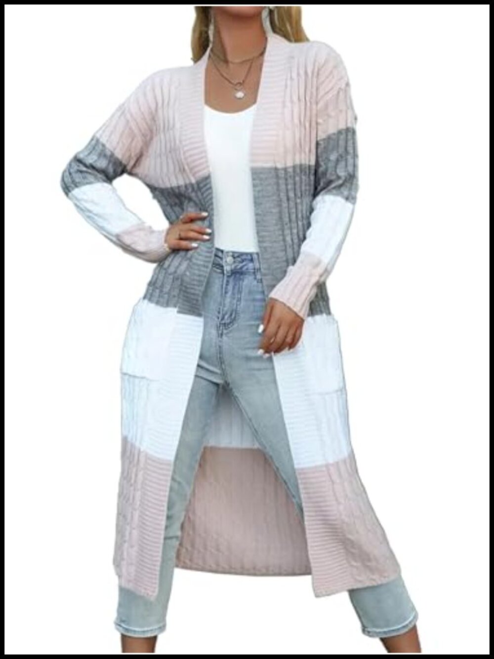 Chunky Cable Knit Color Block Long Duster Cardigan Sweater Plus Size Open Front